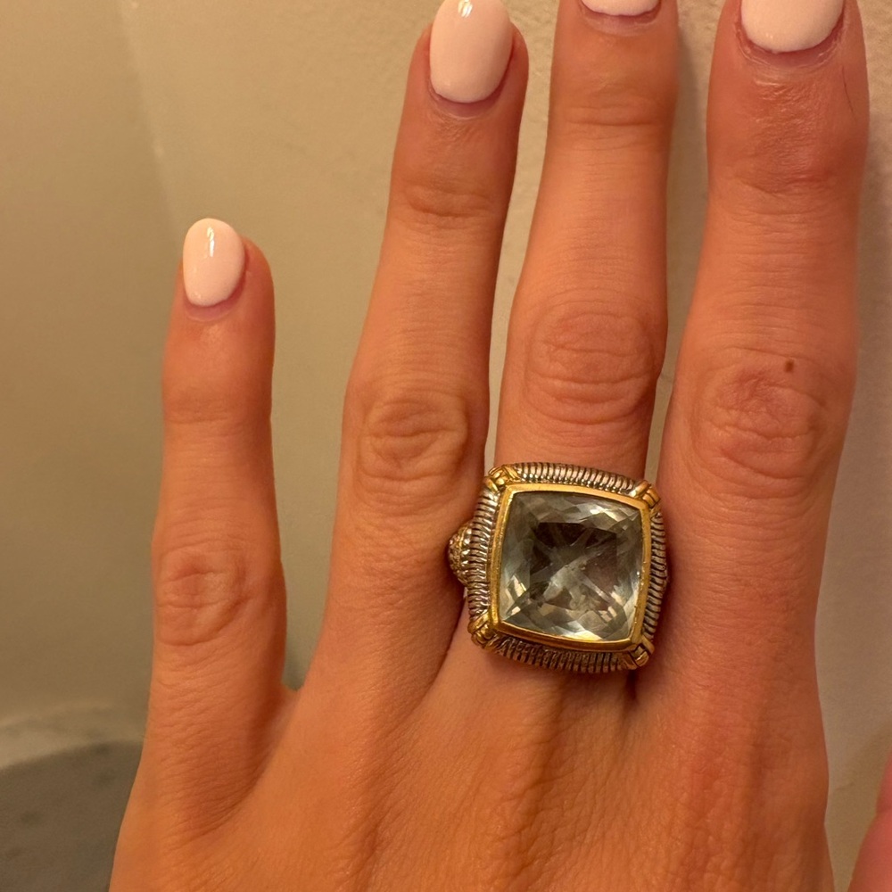 Judith Ripka prasiolite, stirling silver, and yellow gold ring